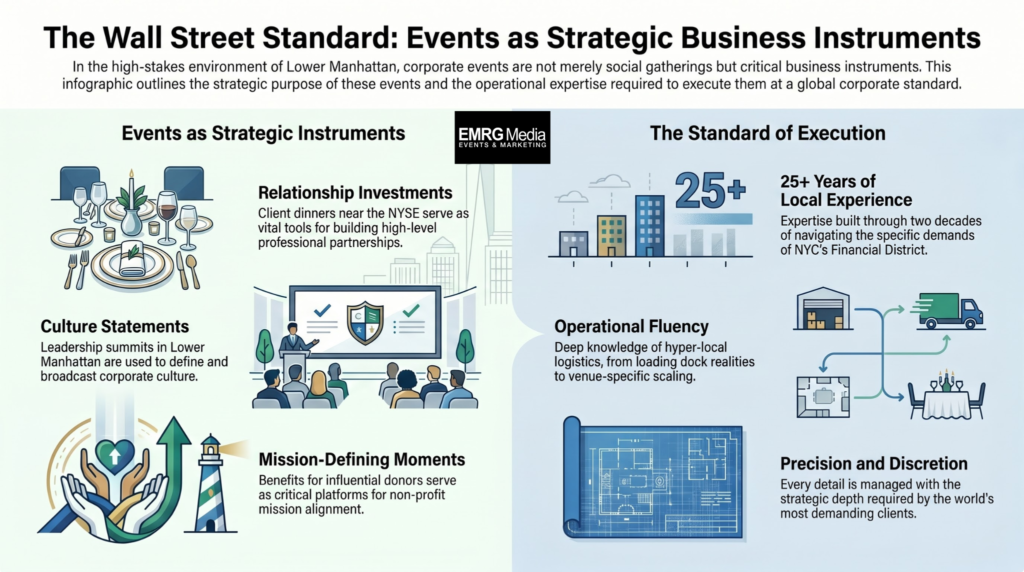 Infographic by EMRG Media outlining Wall Street New York, NY event planning standards, focusing on corporate events as strategic instruments and operational execution.