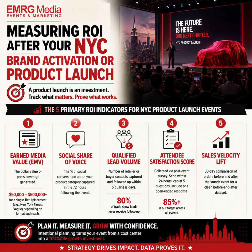 EMRG Media infographic brand-launching-roi.png showing 5 primary ROI indicators for NYC product launch events.