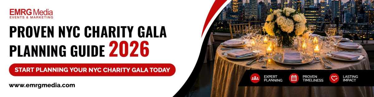 Charity gala planning NYC banner for EMRG Media's 2026 guide, featuring a luxury dinner table with a city skyline view.
