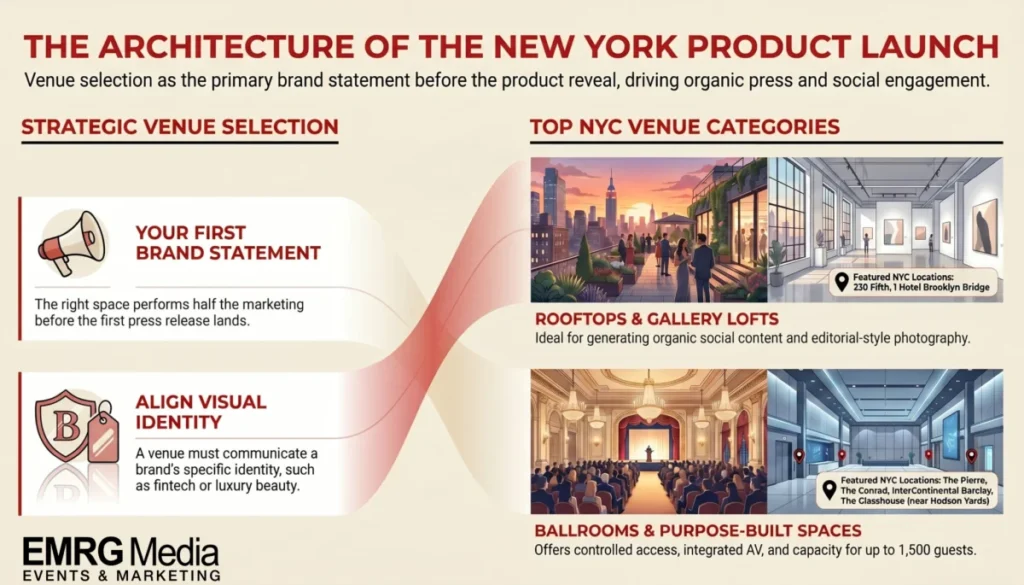 Guide on how to plan a product launch event in NYC highlighting strategic venue selection and top Manhattan locations.
