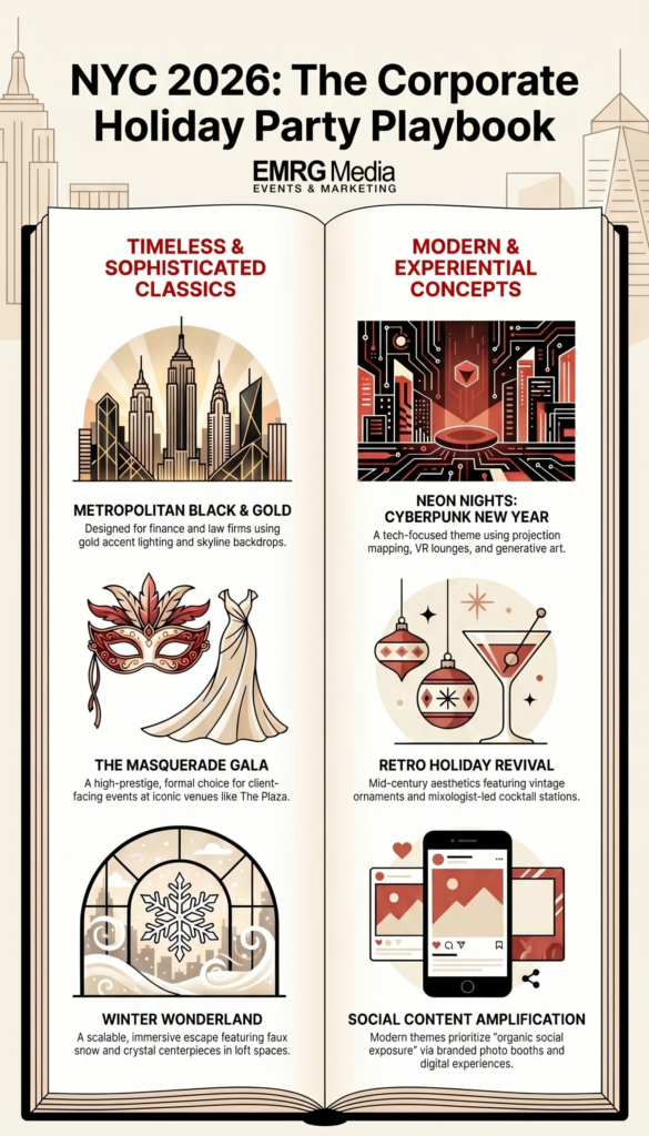 Infographic detailing top corporate holiday party themes like Winter Wonderland and Cyberpunk for NYC events