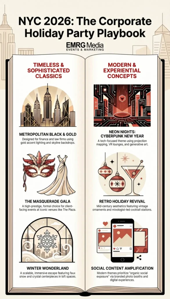 Infographic detailing top corporate holiday party themes like Winter Wonderland and Cyberpunk for NYC events