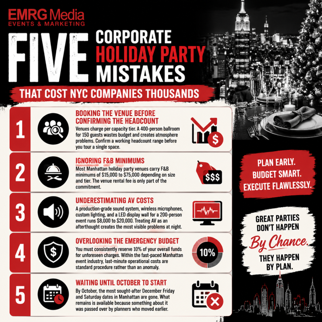 EMRG Media infographic corporate-holiday-party-mistakes.png listing five costly NYC event planning errors.