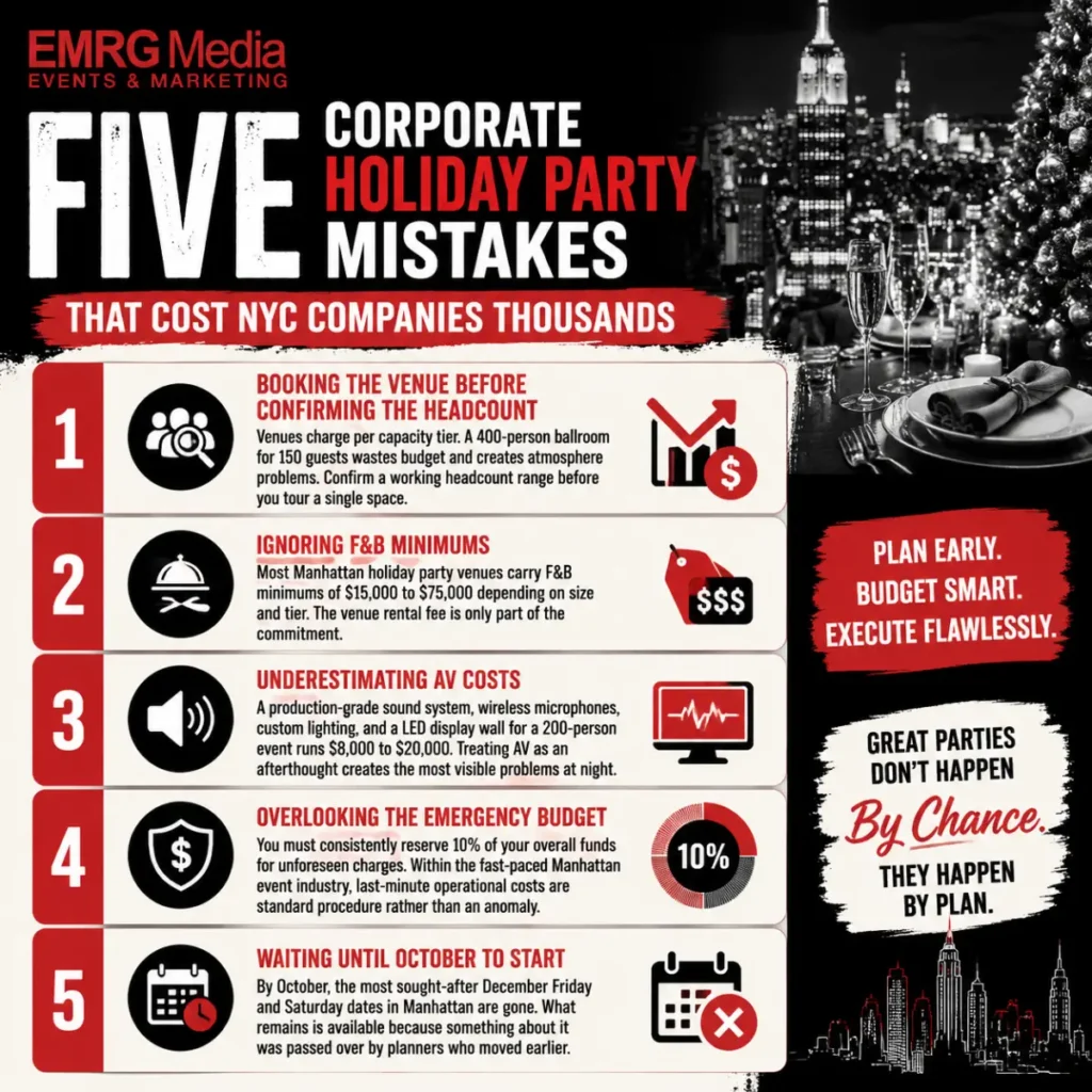 EMRG Media infographic corporate-holiday-party-mistakes.png listing five costly NYC event planning errors.