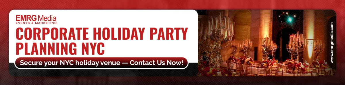 Corporate holiday party planning NYC banner for EMRG Media features an elegant, candlelit ballroom venue.