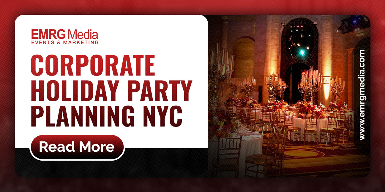 Corporate holiday party planning NYC by EMRG Media, showing an elegant ballroom with festive table settings.