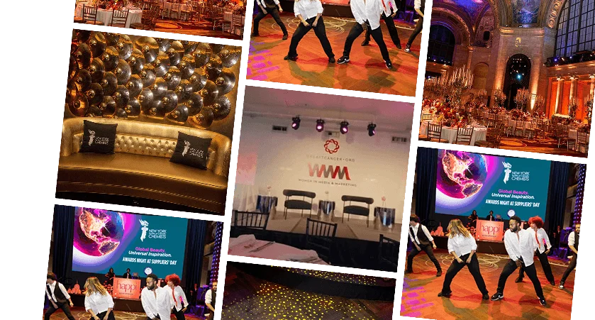 Collage of corporate events, gala décor, stage productions, and live entertainment organized by EMRG Media in NYC.
