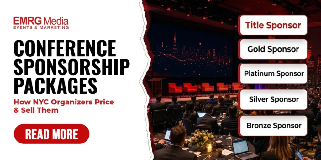 Guide on how to price conference sponsorship packages, showing NYC sponsor tiers from Title to Bronze levels