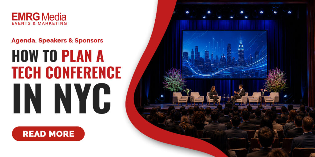 Featured image guide on how to plan a tech conference in NYC with speakers on a panel stage