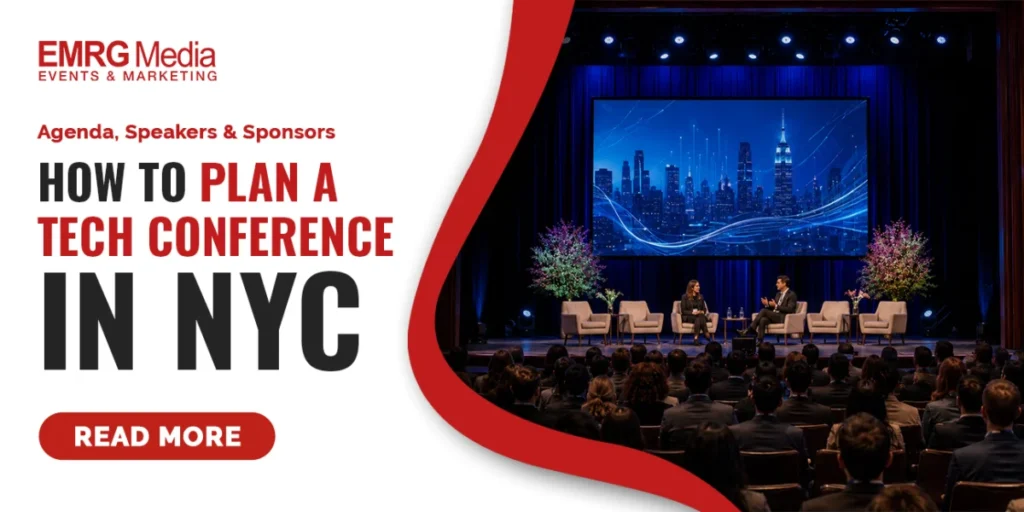Featured image guide on how to plan a tech conference in NYC with speakers on a panel stage