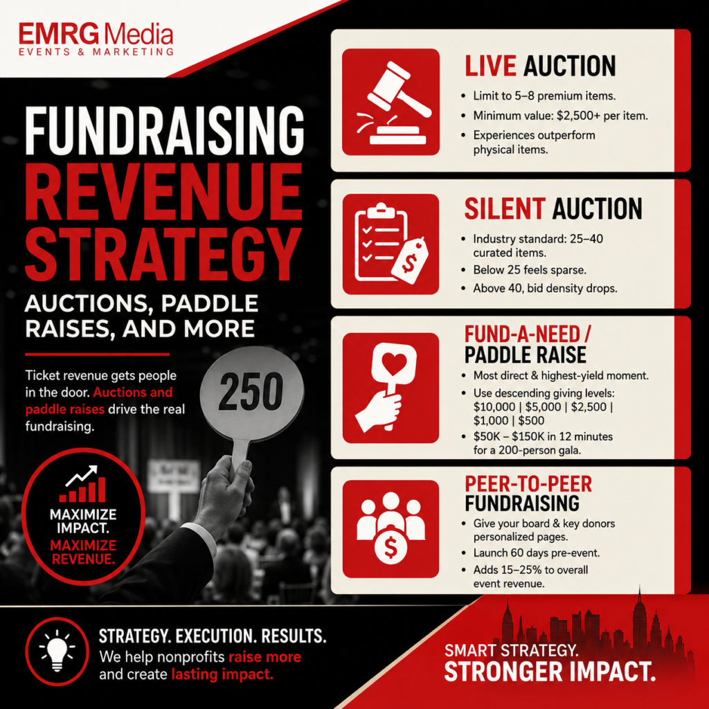 EMRG Media infographic on fundraising revenue strategies: live/silent auctions, paddle raises, and peer-to-peer tactics.
