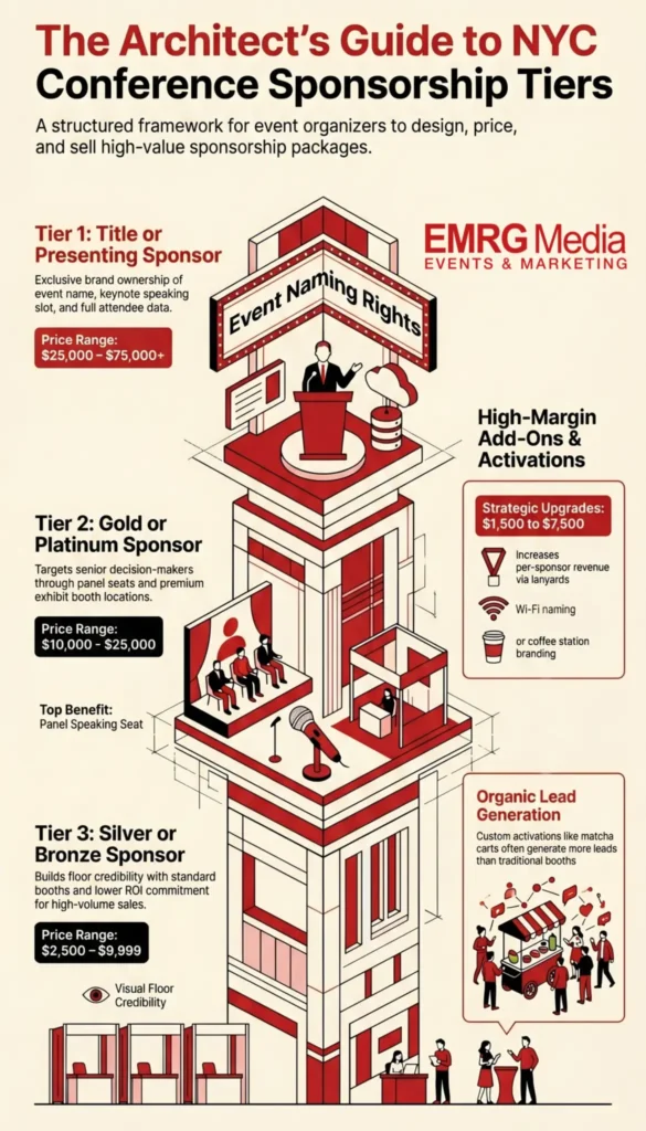 Infographic breaking down NYC conference sponsorship packages into tiers like Title, Gold, Silver, and Add-ons.