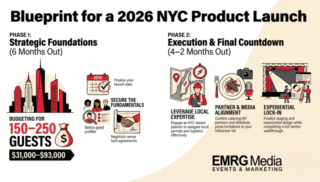 Infographic timeline blueprint for planning a fall product launch nyc 2026 budget, vendors, and venue dates.