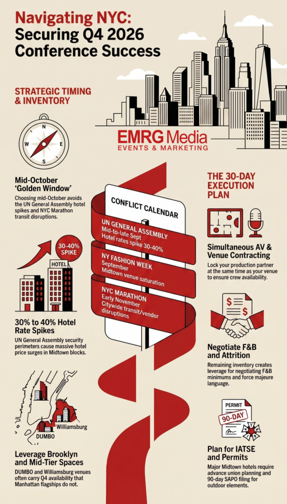 Infographic timeline to book an nyc conference venue fall 2026 and avoid Q4 conflict dates
