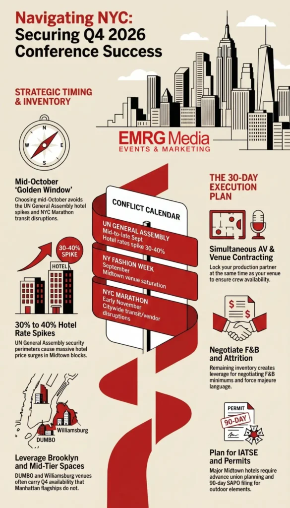 Infographic timeline to book an nyc conference venue fall 2026 and avoid Q4 conflict dates
