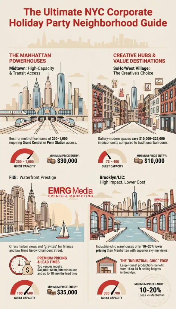 Infographic guide to neighborhoods, capacities, and pricing for corporate holiday party venues nyc