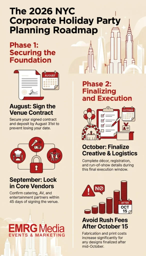 Infographic roadmap by corporate holiday party planners nyc showing 2026 venue booking timelines.