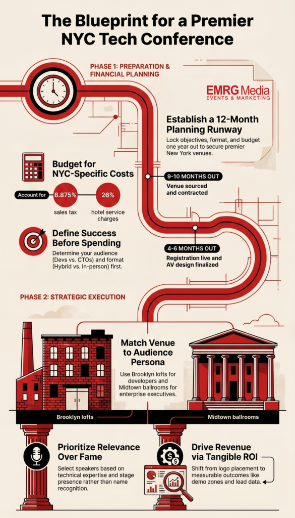 Infographic showing how to plan a tech conference in NYC, covering budget, venue, and timeline