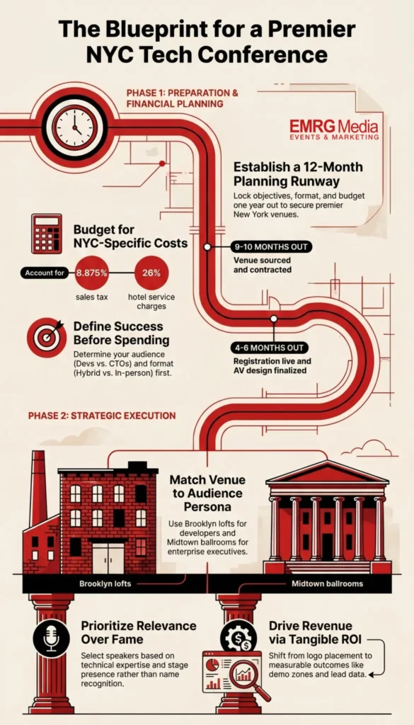 Infographic showing how to plan a tech conference in NYC, covering budget, venue, and timeline