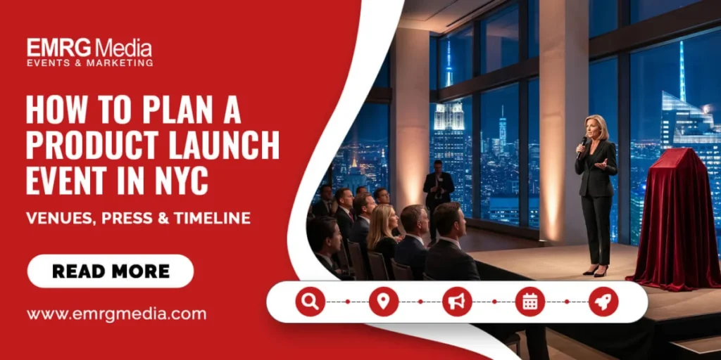 EMRG Media masterclass on how to plan a product launch event in NYC covering venue rentals, timelines, and press strategy.