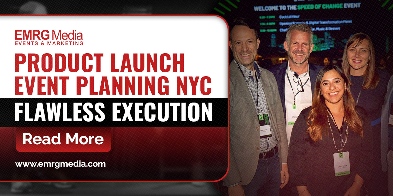 Product launch event planning in NYC by EMRG Media, featuring a group at the Speed of Change event.