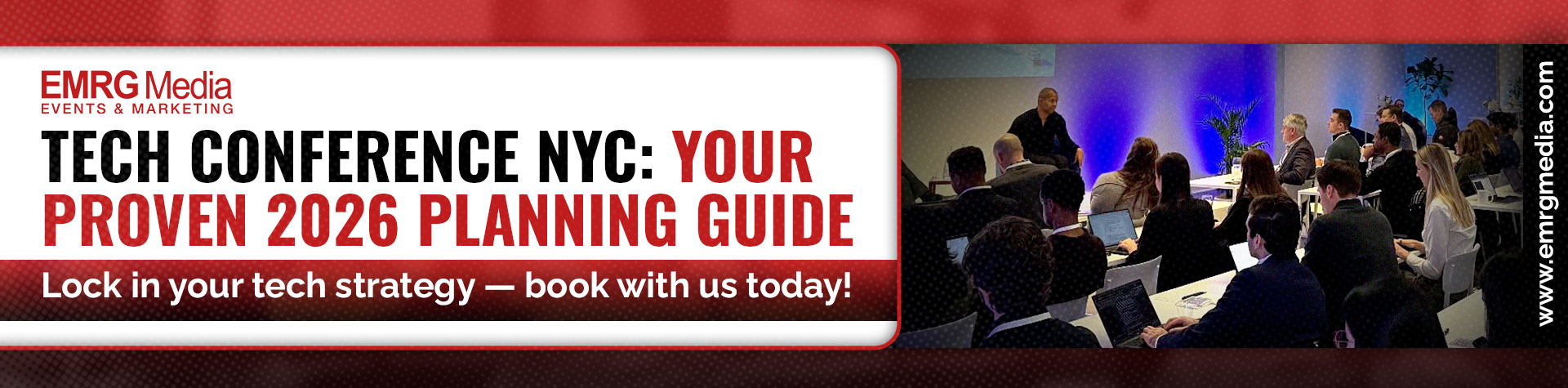Tech conference NYC banner for EMRG Media's 2026 planning guide showing a live seminar session with professional attendees.