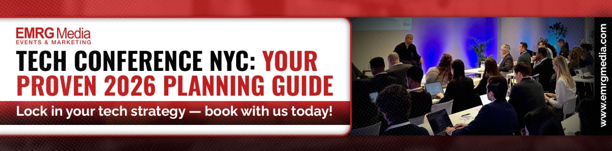Tech conference NYC banner for EMRG Media's 2026 planning guide showing a live seminar session with professional attendees.