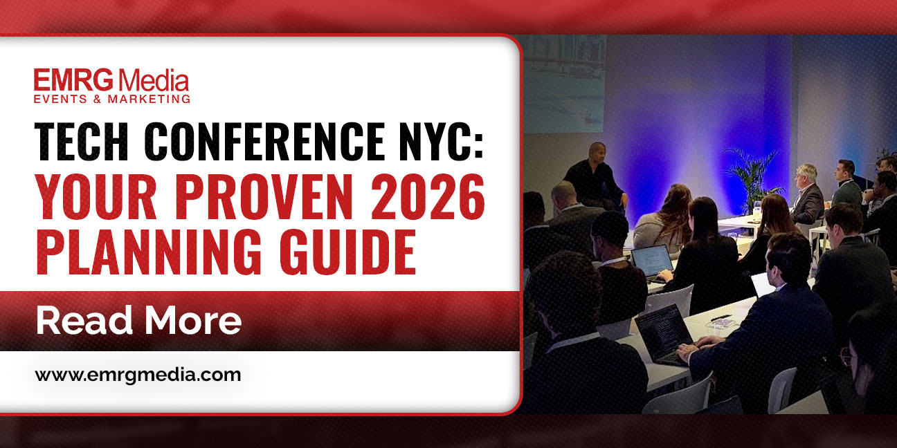 Tech conference NYC planning guide 2026 by EMRG Media, featuring a seminar with attendees using laptops.