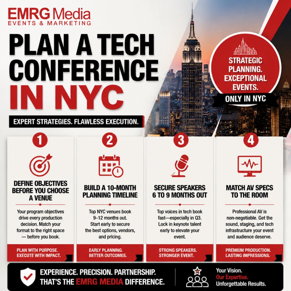 EMRG Media infographic outlining 4 steps to plan a tech conference in NYC: objectives, 10-month timeline, speakers, AV.