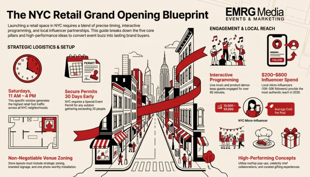 Blueprint infographic showing the five core pillars for a retail grand opening event NYC.