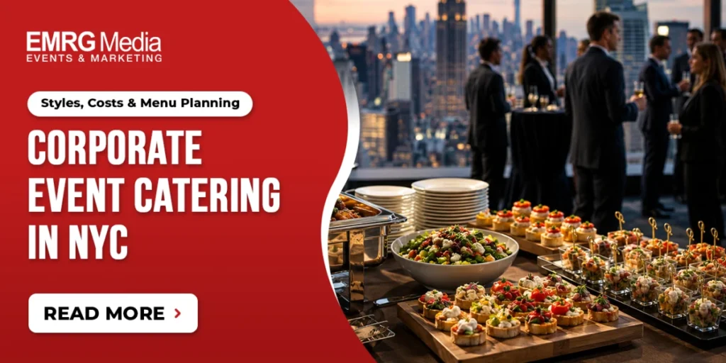 EMRG Media guide for corporate event catering nyc, featuring a buffet spread and networking guests in a high-rise venue
