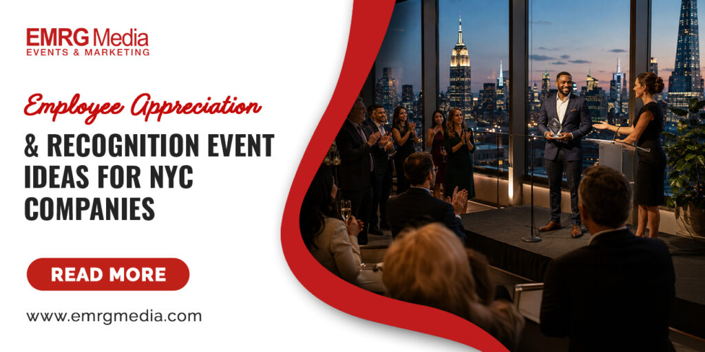 Man receives an award at a NYC corporate gathering, highlighting top employee appreciation event ideas