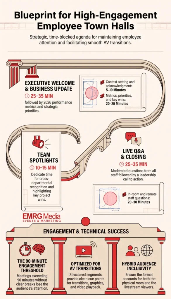 Infographic showing a timeline and agenda blueprint for a successful corporate town hall meeting to maximize engagement