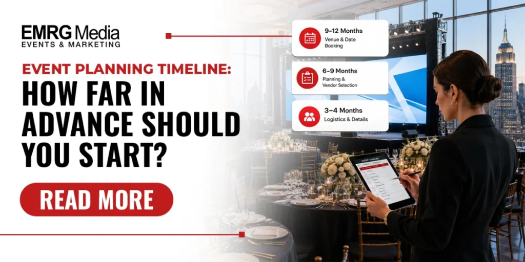 Event planner holding a tablet at a Manhattan venue showing a detailed event planning timeline guide.