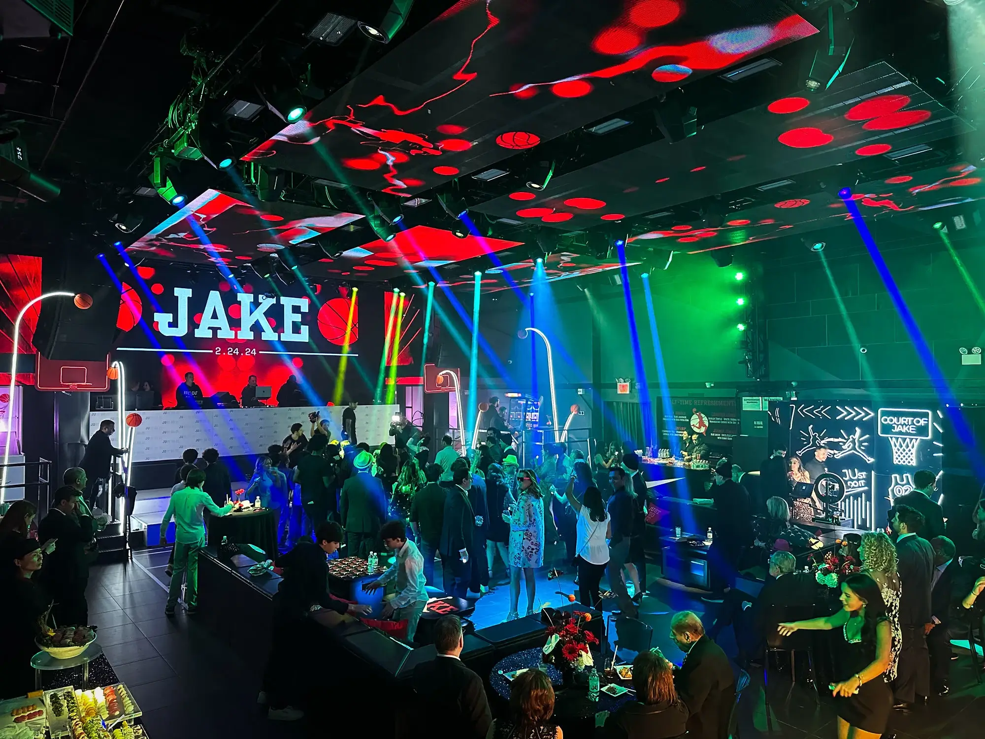 Basketball-themed "Jake" bar mitzvah celebration with neon streamer lighting at a NYC venue, EMRG Media