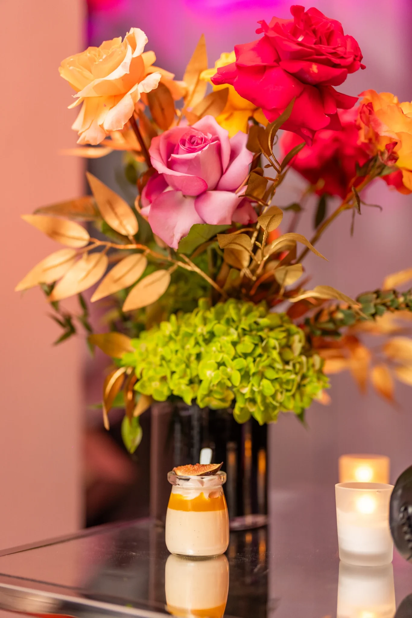 Multicolor rose and hydrangea centerpiece with dessert cup at a Jersey City NJ event, EMRG Media