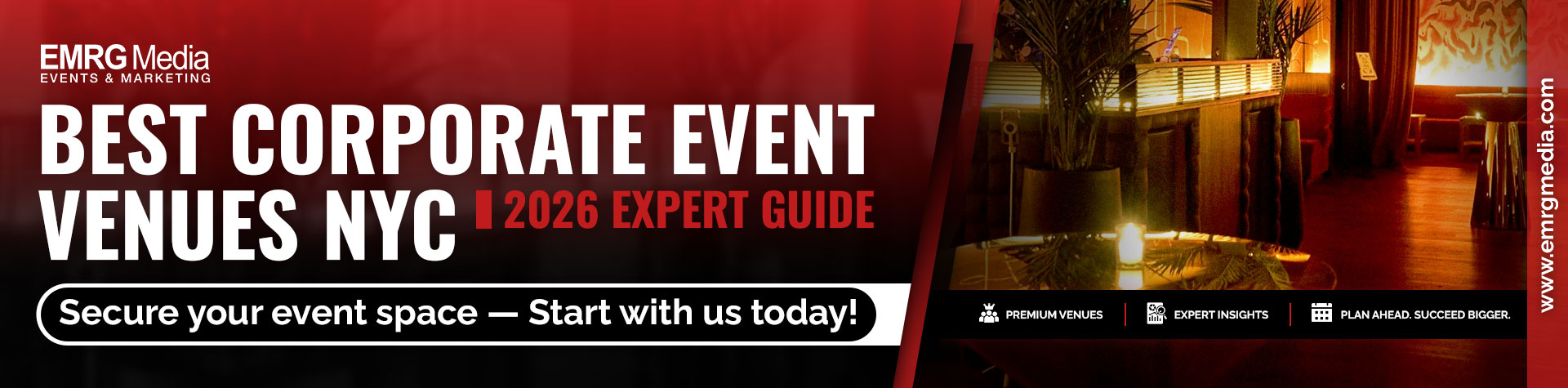 The image shows "Best corporate event venues in NYC 2026 Expert Guide" banner by EMRG Media with a luxury venue interior.