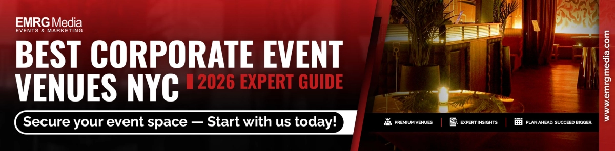 The image shows "Best corporate event venues in NYC 2026 Expert Guide" banner by EMRG Media with a luxury venue interior.