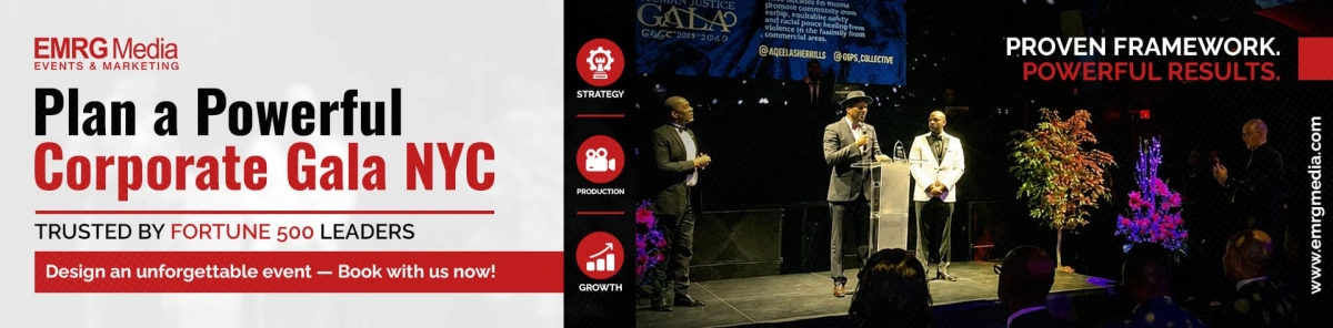 Corporate gala in NYC banner for EMRG Media, featuring event planners and a stage scene for Fortune 500 leaders.