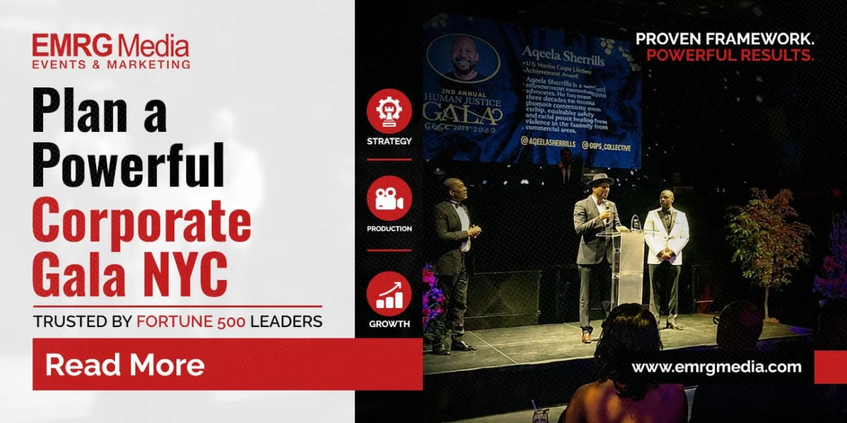 Corporate gala in NYC planning services by EMRG Media, featuring a stage with speakers and "Plan a Powerful Corporate Gala NYC" text.