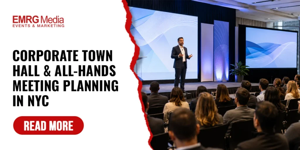 Executive speaking on stage to employees during a corporate town hall meeting in NYC, highlighting event planning