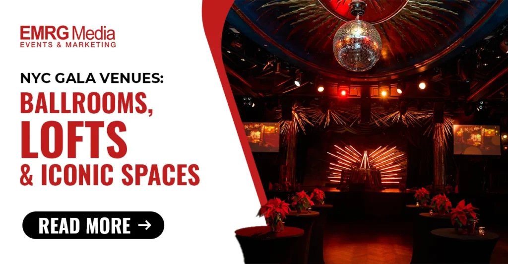EMRG Media guide to premier gala venues nyc featuring a luxury ballroom with a massive disco ball and stage