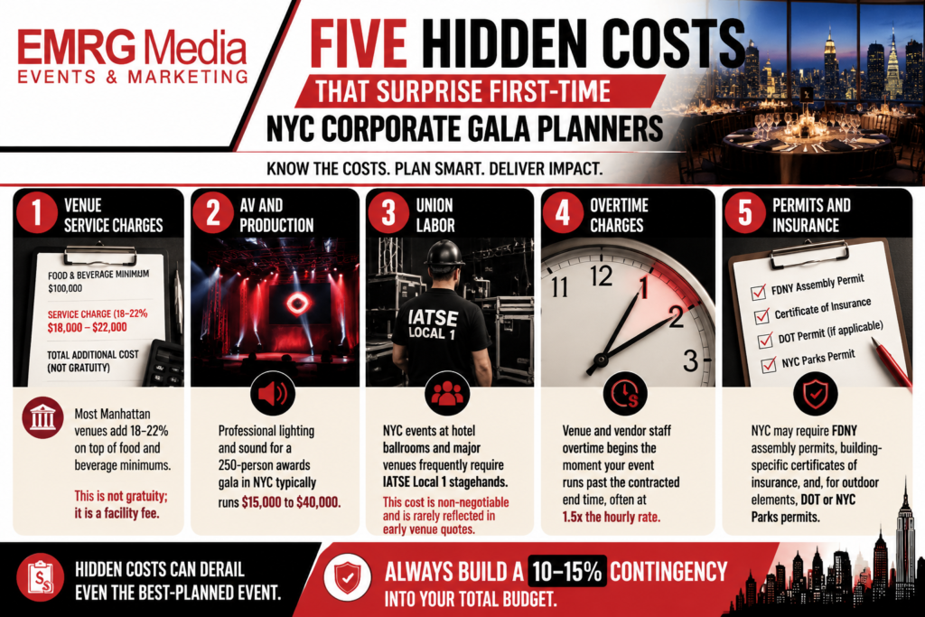 EMRG Media's infographic listing five hidden costs for NYC corporate galas, advising a 10-15% total budget contingency.