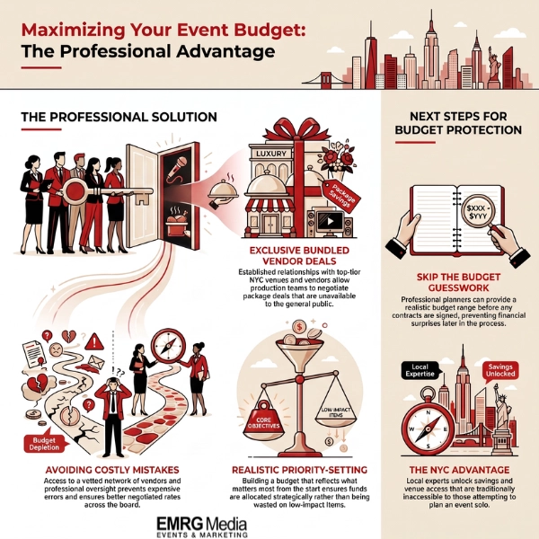 Infographic breakdown of event planner cost in NYC and budget optimization strategies by EMRG Media.