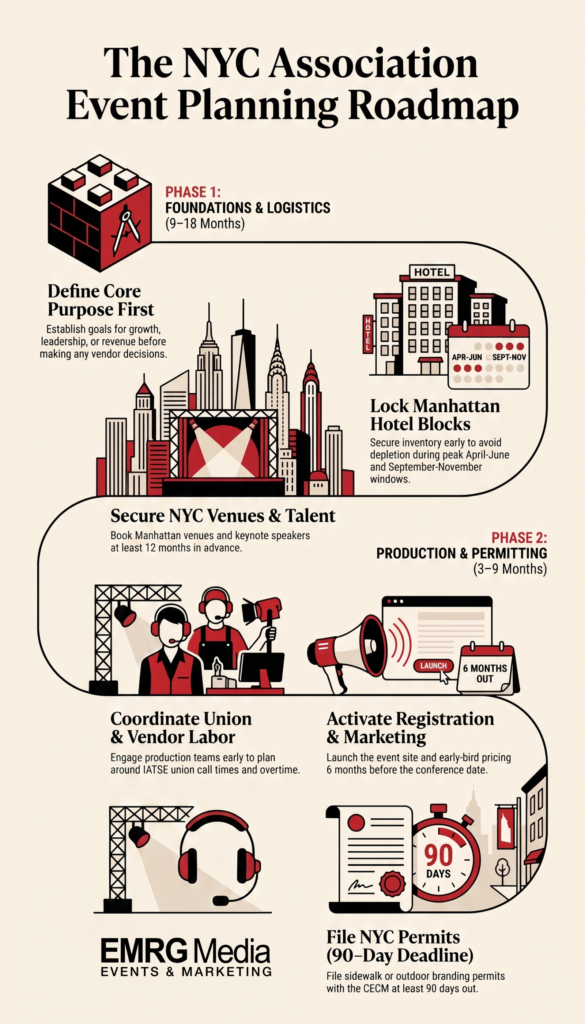 Roadmap infographic showing timeline phases for NYC association event planning