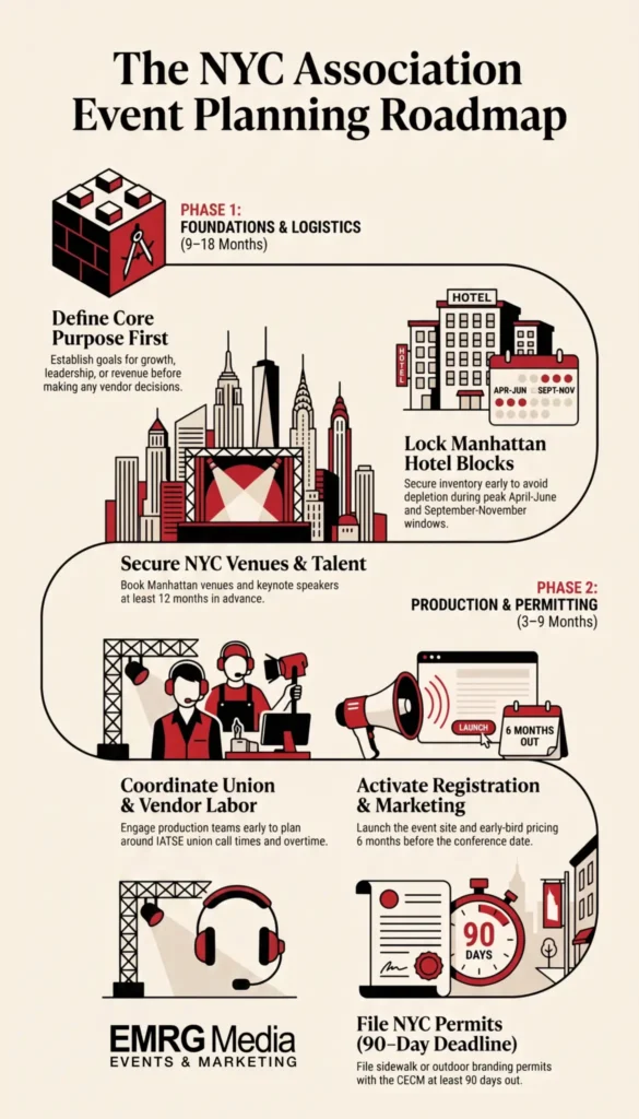 Roadmap infographic showing timeline phases for NYC association event planning