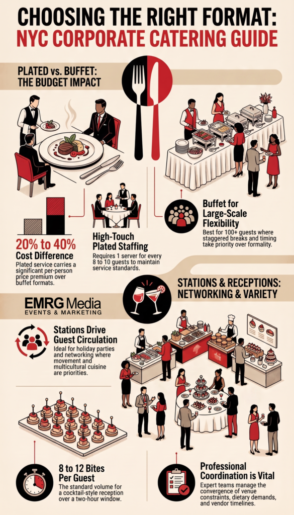 Infographic detailing formats, costs, and styles for corporate event catering nyc, comparing plated and buffet options