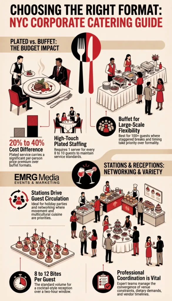 Infographic detailing formats, costs, and styles for corporate event catering nyc, comparing plated and buffet options