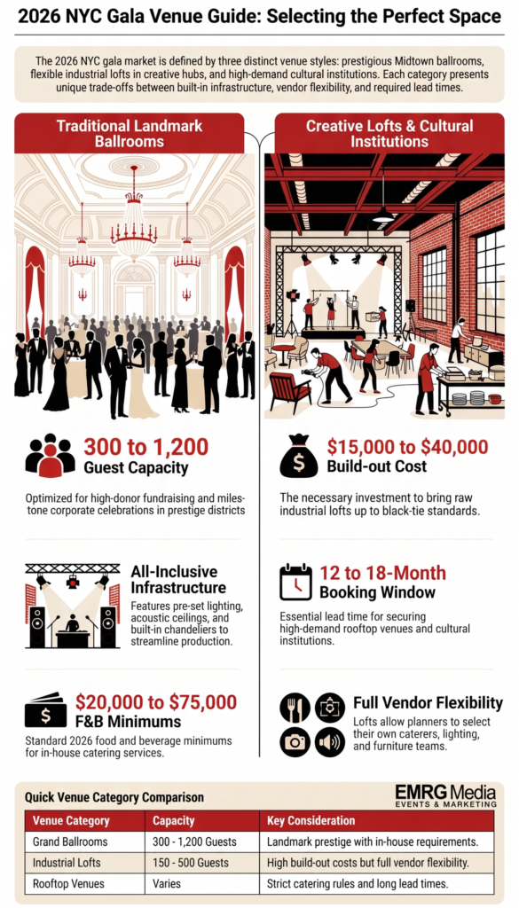 Infographic comparing capacity and costs for top gala venues nyc including traditional ballrooms and lofts