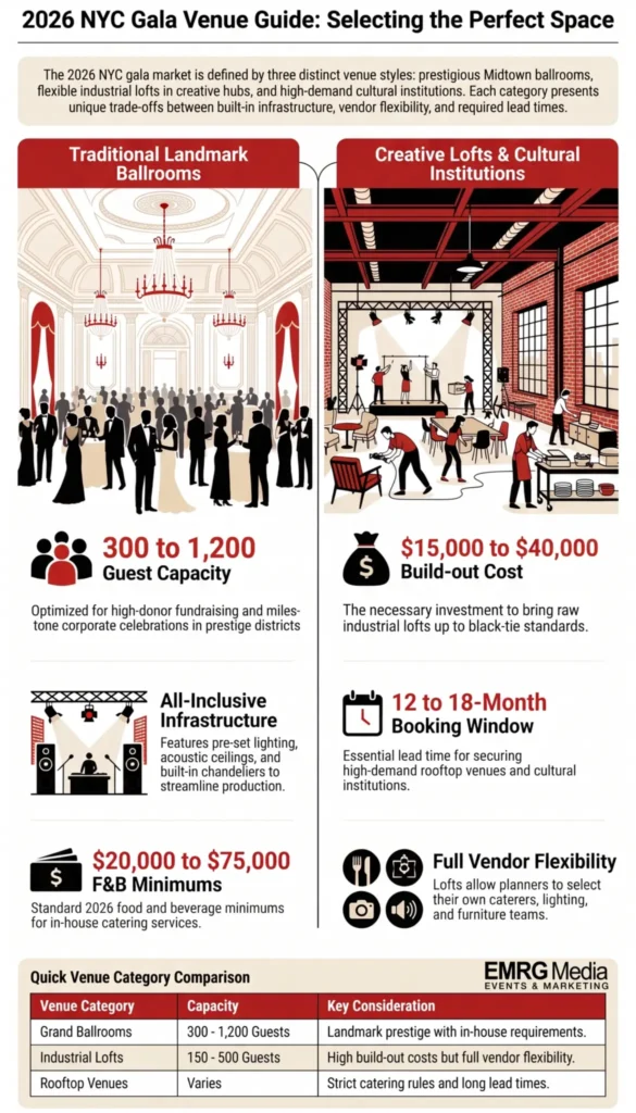 Infographic comparing capacity and costs for top gala venues nyc including traditional ballrooms and lofts